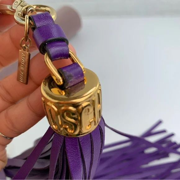MOSCHINO Couture LEATHER Long Tassel Keychain Bag Charm Purple - Picture 5 of 10